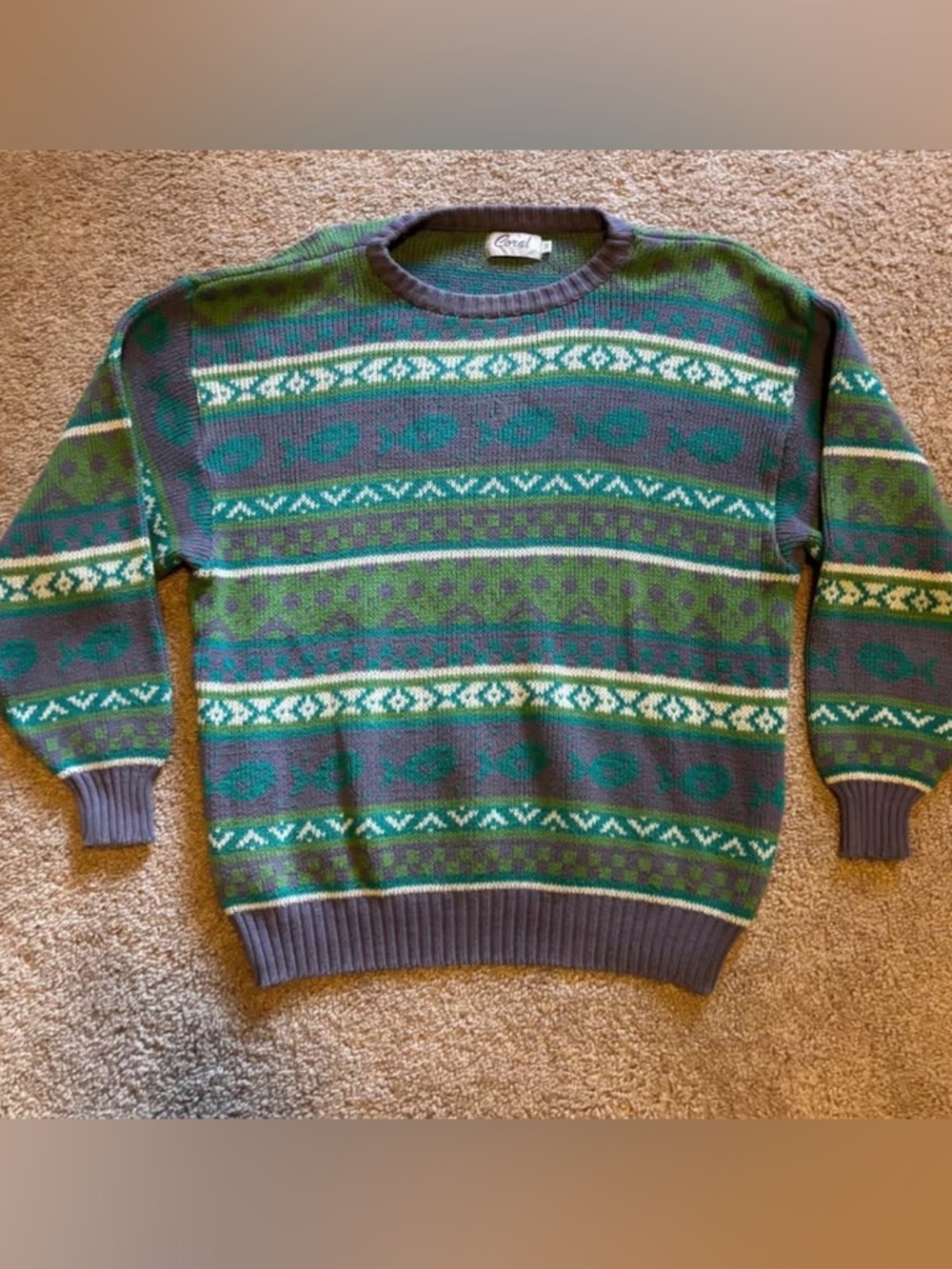 Vintage Coral Wear Knit Cotton Sweater Made in Iceland Fish Pattern